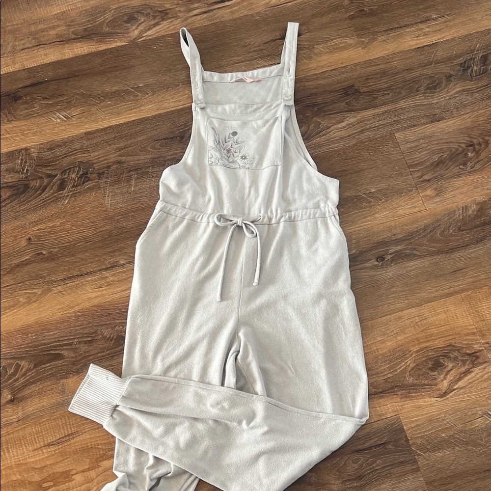 La Vie En Rose light grayish light blue knit overalls with floral bib embroidery